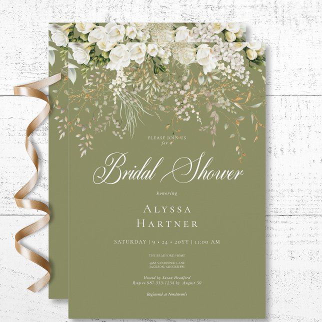 Rustikales weißes Blumentropfen Weites Grünes Brau Einladung (Rustic White Floral Drop Sage Green Bridal Shower Invitation)