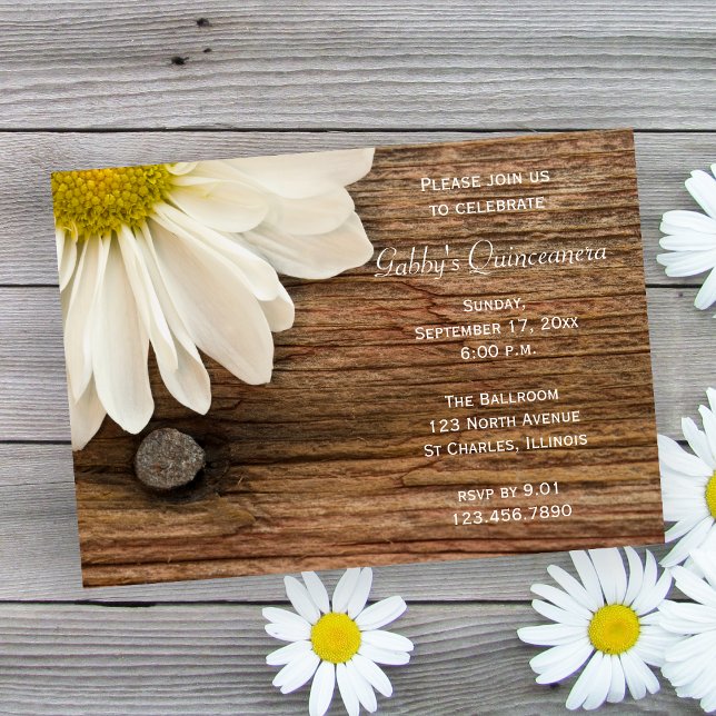 Rustikales weißes Daisy Barn Wood Land Quinceanera Einladung (Von Creator hochgeladen)