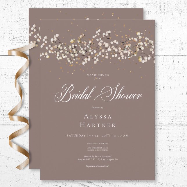 Rustikales Weißes Gipskraut Braun Brautparty Einladung (Rustic White Baby's Breath Brown Bridal Shower Invitation)