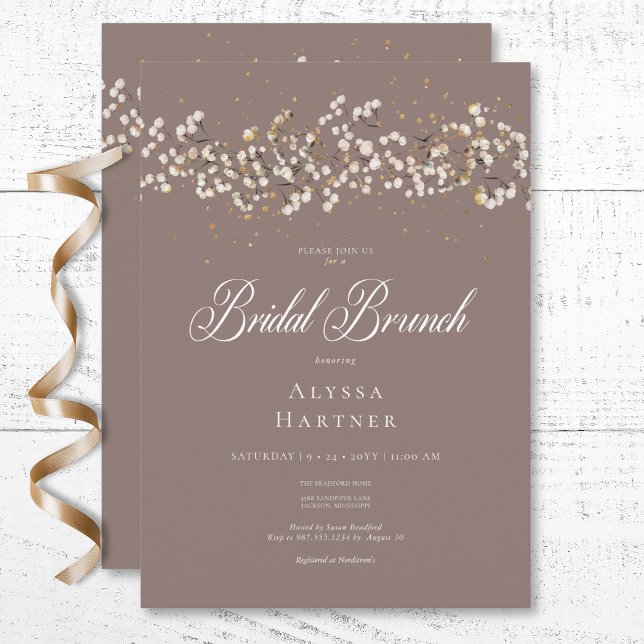 Rustikales Weißes Gipskraut Braun Bridal Brunch Einladung (Rustic White Baby's Breath Brown Bridal Brunch Invitation)