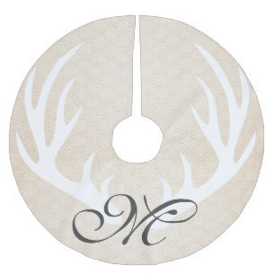 Rustikales Weißes Hirsch Antler & Cream Monogramm Polyester Weihnachtsbaumdecke