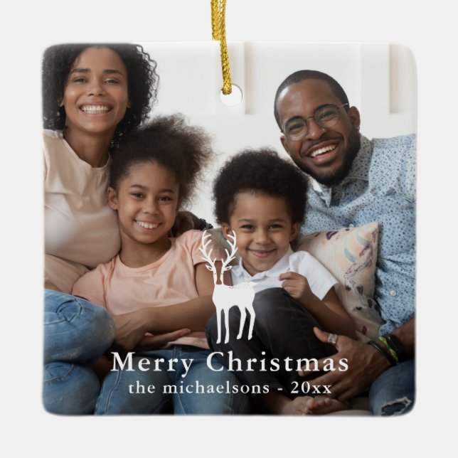 Rustikales Weißes Hirsch Weihnachtsfest Foto Keramikornament (Vorderseite)
