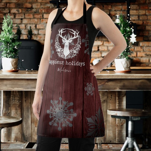Rustikales Weißes Rentier Personalisiert Red Schürze (Red Rustic Watercolor White Reindeer Personalized Apron)