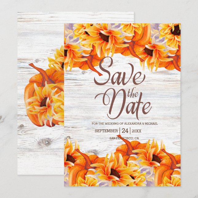 Rustikales Weißes Wasserfarbenkürbis Sonnenblume Save The Date (Vorne/Hinten)