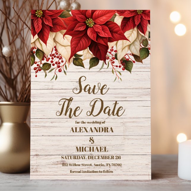 Rustikales Weißholz-Poinsettia-Hochzeit Save The Date (Von Creator hochgeladen)