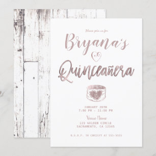 Rustikales Weißholz Rose Gold Pink 15 Quinceañera Einladung