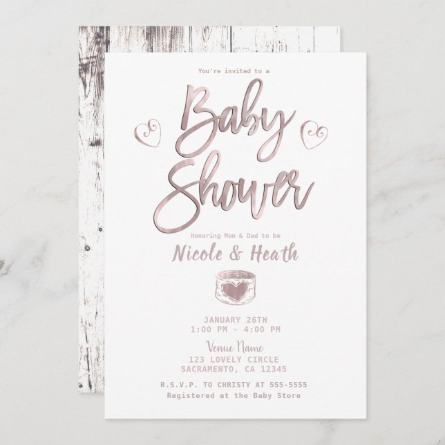 Rustikales Weißholz Rose Gold Pink Babydusche Einladung (Vorne/Hinten)