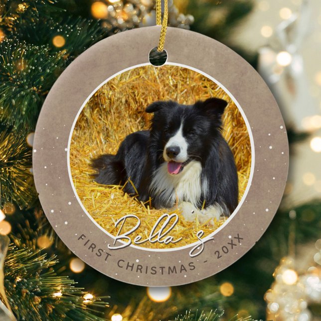 Rustikales Welpen Erster Weihnachtshund Foto Keramik Ornament (Von Creator hochgeladen)