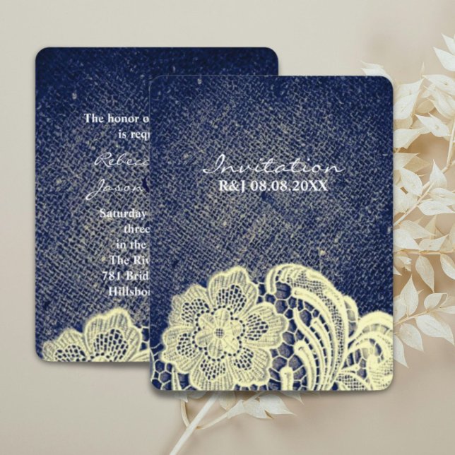 rustikales Western Land Blue Denim und Spitzen Hoc Einladung (rustic western country navy blue lace wedding invitation)