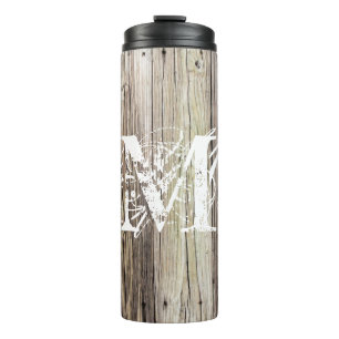 Rustikales, wetterbewittertes Holz-Chic Monogramm Thermosbecher