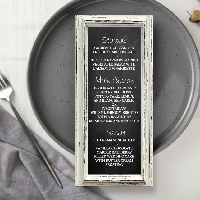 Rustikales White Frame & Chalkboard Wedding Menu Werbekarte (Von Creator hochgeladen)