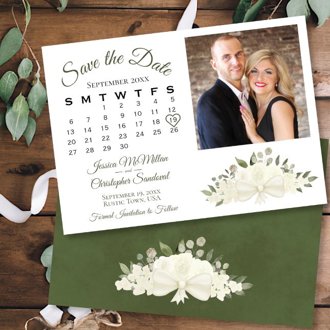 Rustikales White Roses Boho Kalender & Foto Hochze Save The Date (In Situ Front/Back)