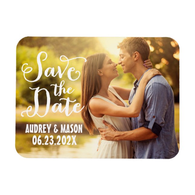 Rustikales White Script Wedding Foto Save the Date Magnet (Horizontal)