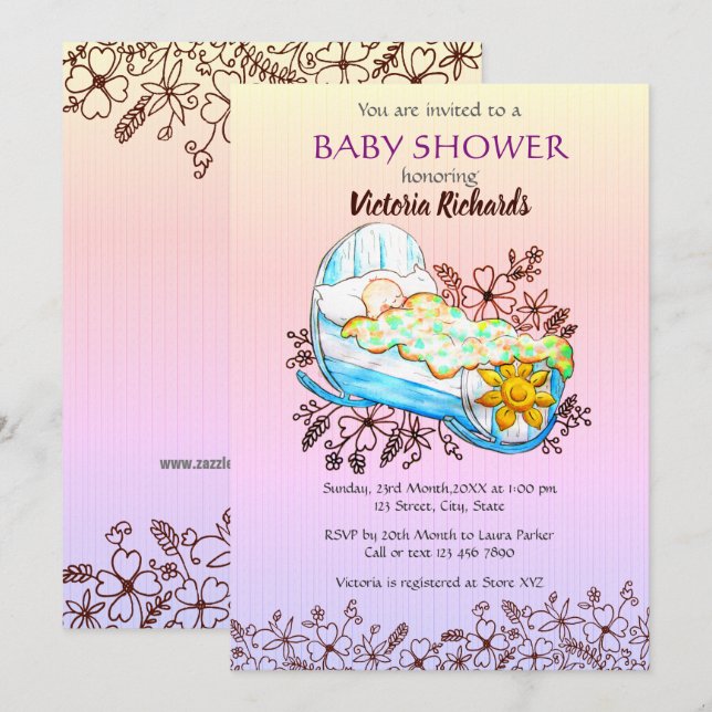 Rustikales Wildblume Baby in Cradle Baby Dusche Einladung (Vorne/Hinten)