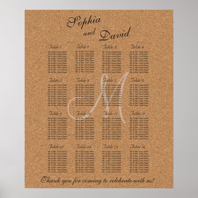 Rustikales Wine Cork Wedding Monogram Seating Char Poster (Vorne)