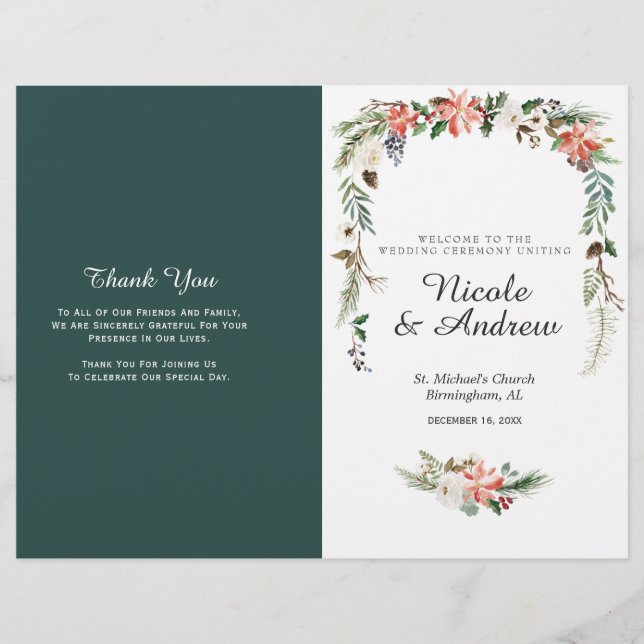 Rustikales Winter-Blumen-Hochzeitsprogramm gefalte (Vorderseite)