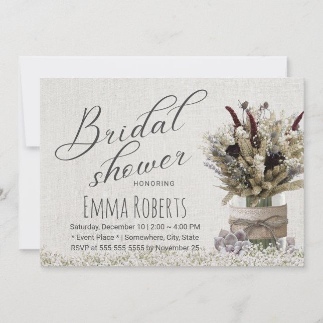 Rustikales Winter Floral Jar Linen Brautparty Einladung (Vorderseite)