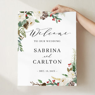 Rustikales Winter Floral Wedding Willkommenszeiche Poster