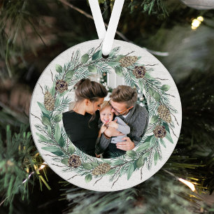 Rustikales Winter Greenery Wreath White Wood Foto Ornament Aus Metall