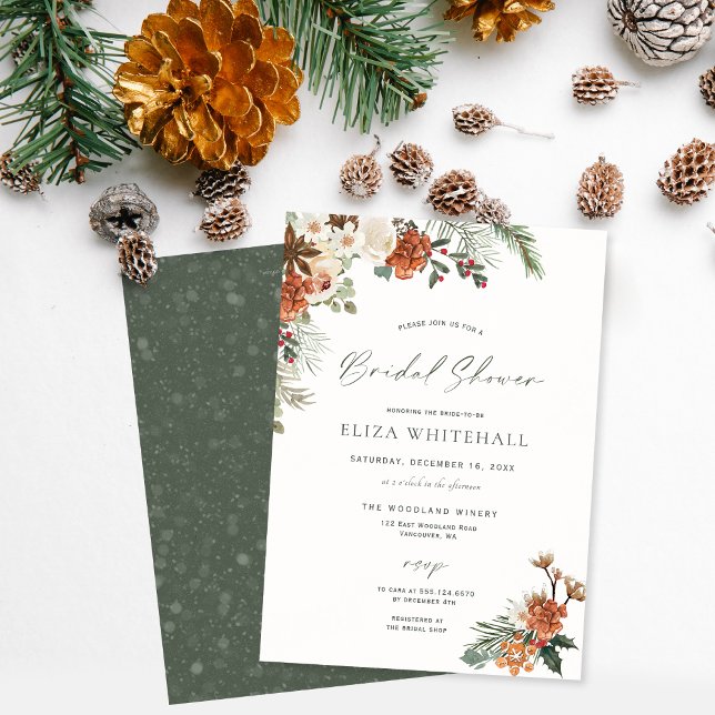Rustikales Winter Holiday Greenery Pine Brautparty Einladung (Winter Bridal shower Invitation, Rustic greenery, Christmas bridal)