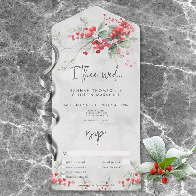 Rustikales Winter Holly & Pine Hochzeitsessen All In One Einladung (Rustic Winter Berries & Pine Wedding Dinner All In One Invitation)