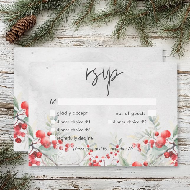 Rustikales Winter Holly & Pine Hochzeitsessen RSVP Karte (Rustic Winter Holly & Pine Wedding Dinner RSVP Card)