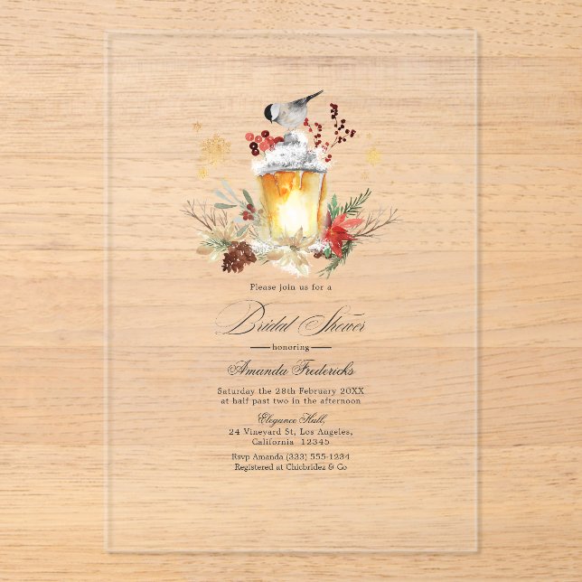 Rustikales Winter Lantern Transparentes Brautparty Acryleinladungen (Vorderseite)