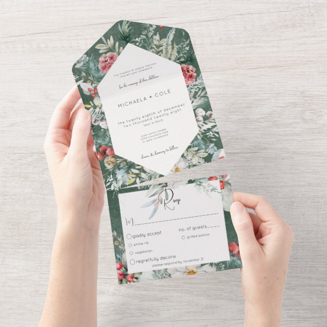 Rustikales Winter Pine Emerald Dinner All In One Einladung (Abreißen)