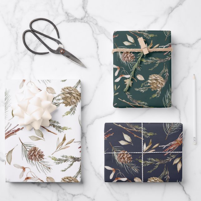 Rustikales Winter Pinecone Wrapping Paper Set Geschenkpapier Set (Vorderseite)