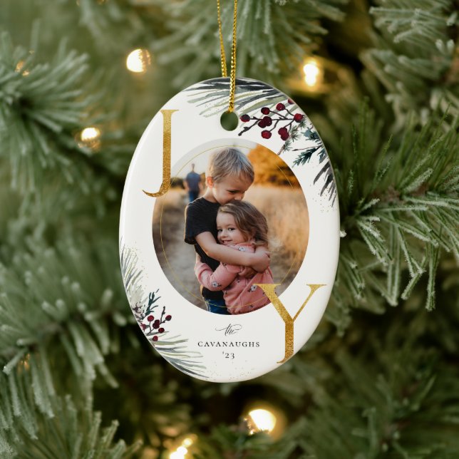 Rustikales Winterboughs Golden Joy Foto Keramik Ornament (Baum)