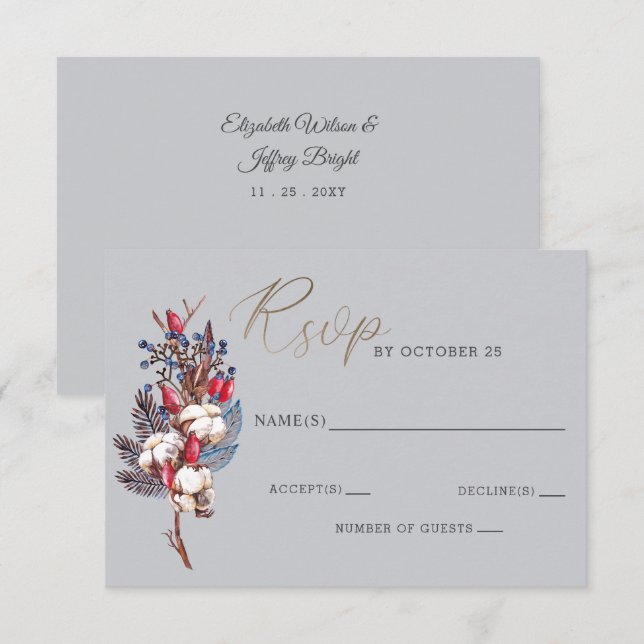 Rustikales Wintercotton Blue Red Berries Wedding RSVP Karte (Vorne/Hinten)