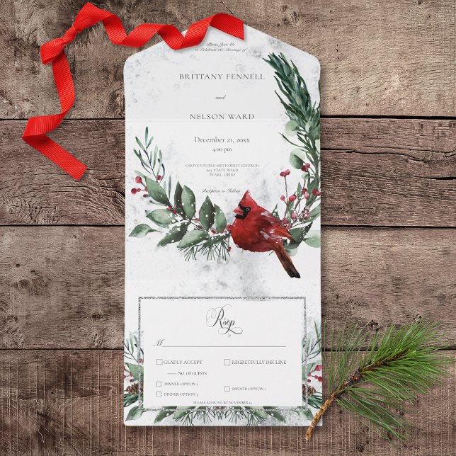 Rustikales Winterfest & Roter Kardinal Abendessen All In One Einladung (Rustic Winter Wreath & Red Cardinal All In One Wedding Invitation with Dinner Selection Options)