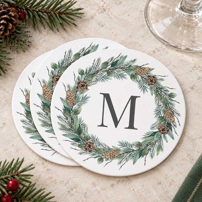 Rustikales Wintergrün Monogram, Initialzündung Runder Pappuntersetzer (Von Creator hochgeladen)