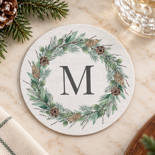 Rustikales Wintergrün Monogram, Initialzündung Runder Pappuntersetzer (Von Creator hochgeladen)