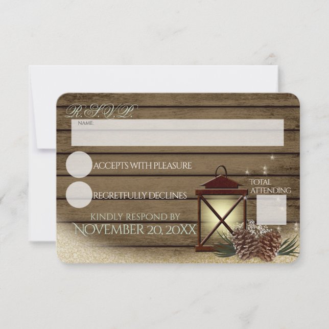 Rustikales Winterholz und Laternenreaktion RSVP Karte (Vorderseite)