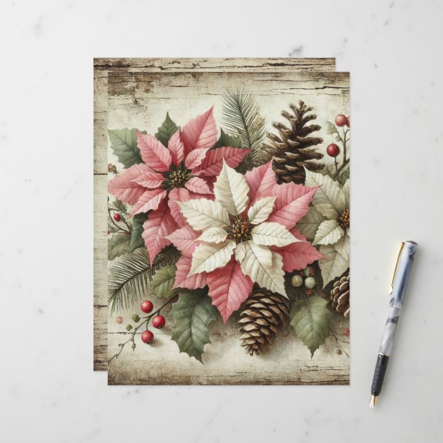 Rustikales Winterpoinsettienpapier (Vorderseite/Rückseite Beispiel)