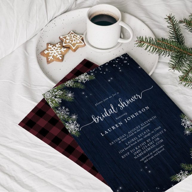 Rustikales Winterschneeflocken Blaues Kariertes Br Einladung (Bridal Shower Invitation!)