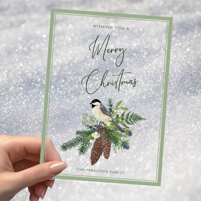 Rustikales Wintervogel & Pine Spray Foto Weihnacht Acryleinladungen (Rustic Winter Bird & Pine Spray Acrylic Christmas Holiday Card)