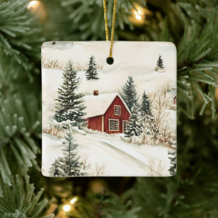 Rustikales Winterwaldhaus Weihnachten Keramikornament