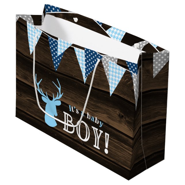 Rustikales Wood Blue Ier Boy Baby Dusche Große Geschenktüte (Vorderseite Schrägansicht)