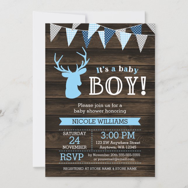 Rustikales Wood Blue Ier Boy Baby Shower Einladung (Vorderseite)