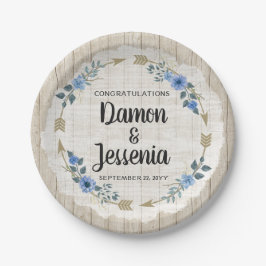 Rustikales Wood Boho Arrows & Blue Floral Wedding Pappteller