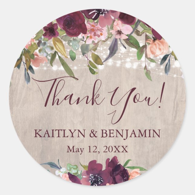 Rustikales Wood Boho Blumenleuchten Hochzeit Runder Aufkleber (Vorderseite)