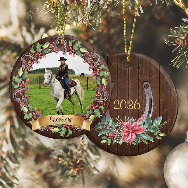 Rustikales Wood Custom Horse Foto Weihnachten Keramik Ornament (Von Creator hochgeladen)