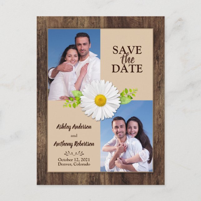 Rustikales Wood Daisy Foto Save the Date Postcard Postkarte (Vorderseite)