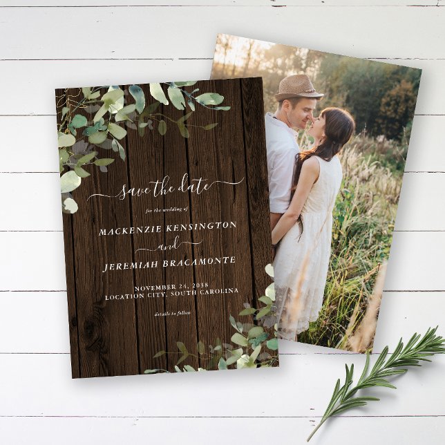 Rustikales Wood Eukalyptus Wedding Foto Save the D Date (Von Creator hochgeladen)