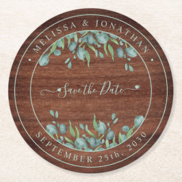 Rustikales Wood Eukalyptus Wedding rettet das Datu Runder Pappuntersetzer