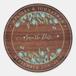 Rustikales Wood Eukalyptus Wedding speichern Datum Runder Aufkleber