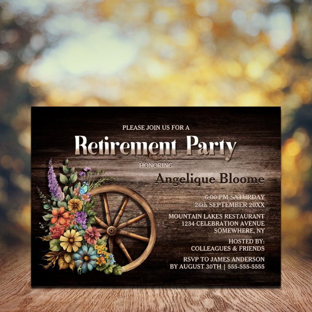Rustikales Wood Floral Wagon Wheel Retirement Part Einladung (Von Creator hochgeladen)