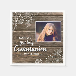 Rustikales Wood Lace First Heilige Kommunion Foto Serviette